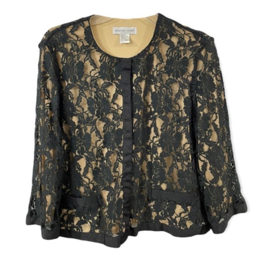 VTG Newport News BLACK LACE JACKET TOP Nude Knit Liner SNAP-UP 3/4-Sleeves SZ 14